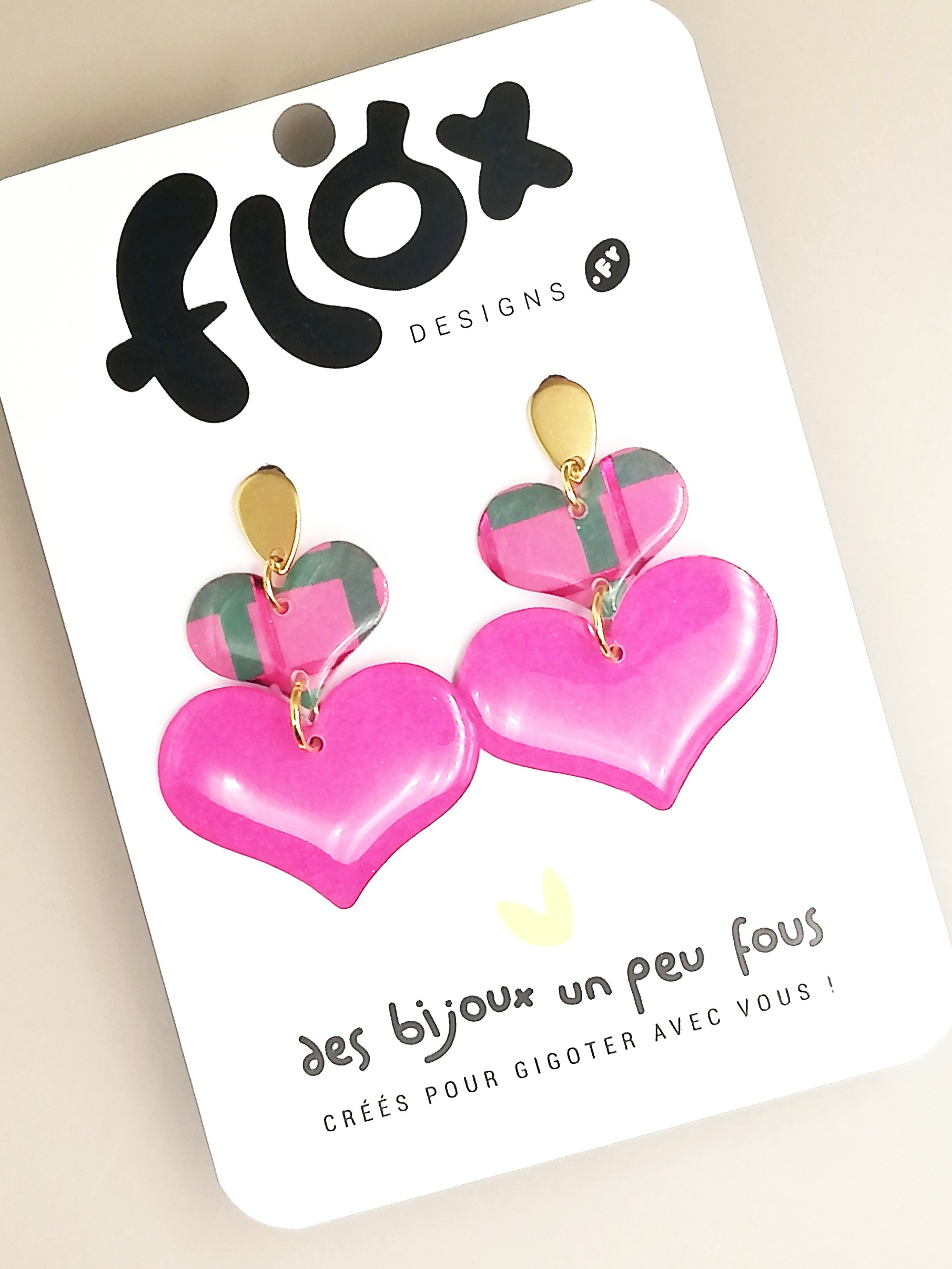 Floxdesigns - Boucles d'oreilles - Les Lutineries - Coeurs Rose Tartan