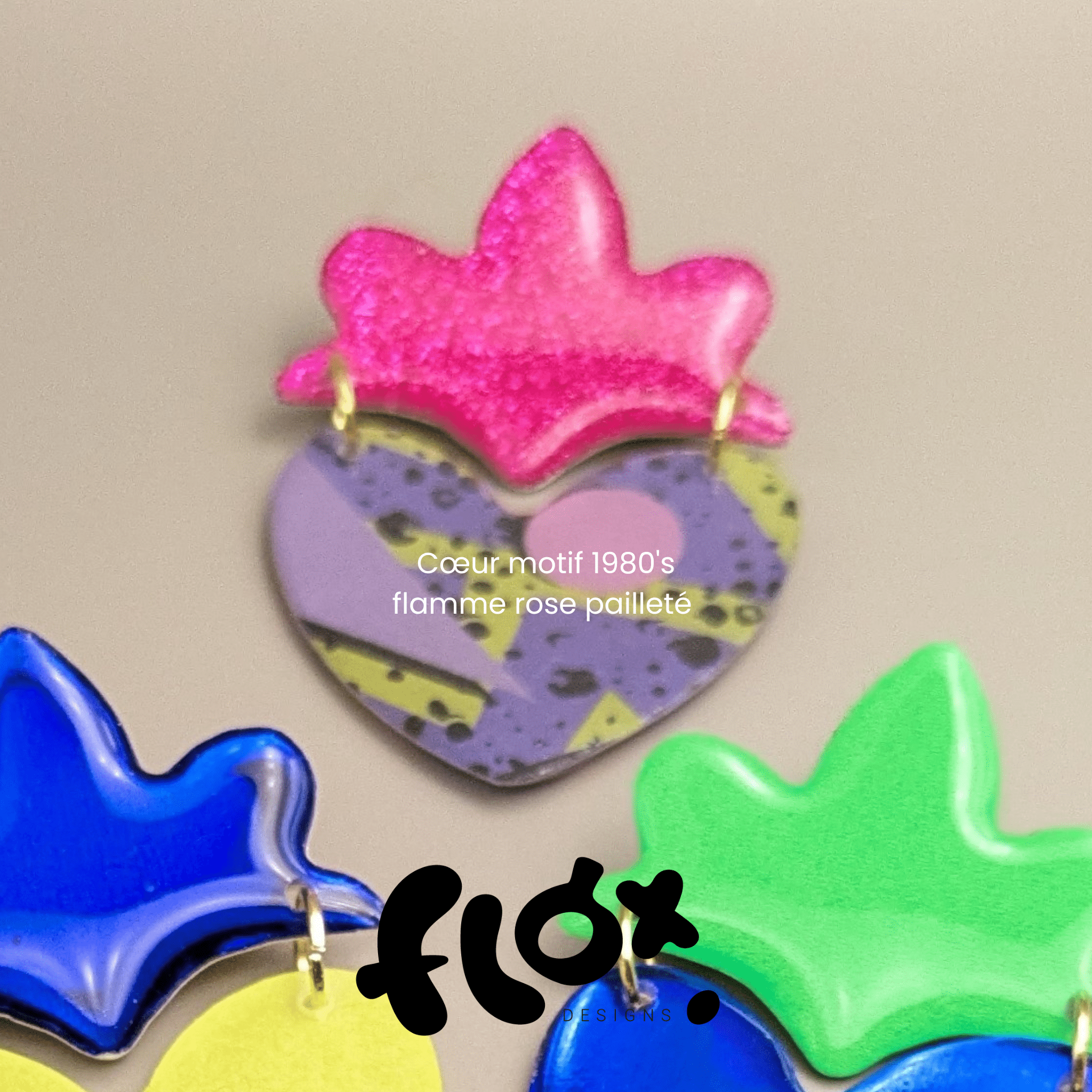 Floxdesigns - Broche Ex-voto Funky - Motif 80's et rose pailleté