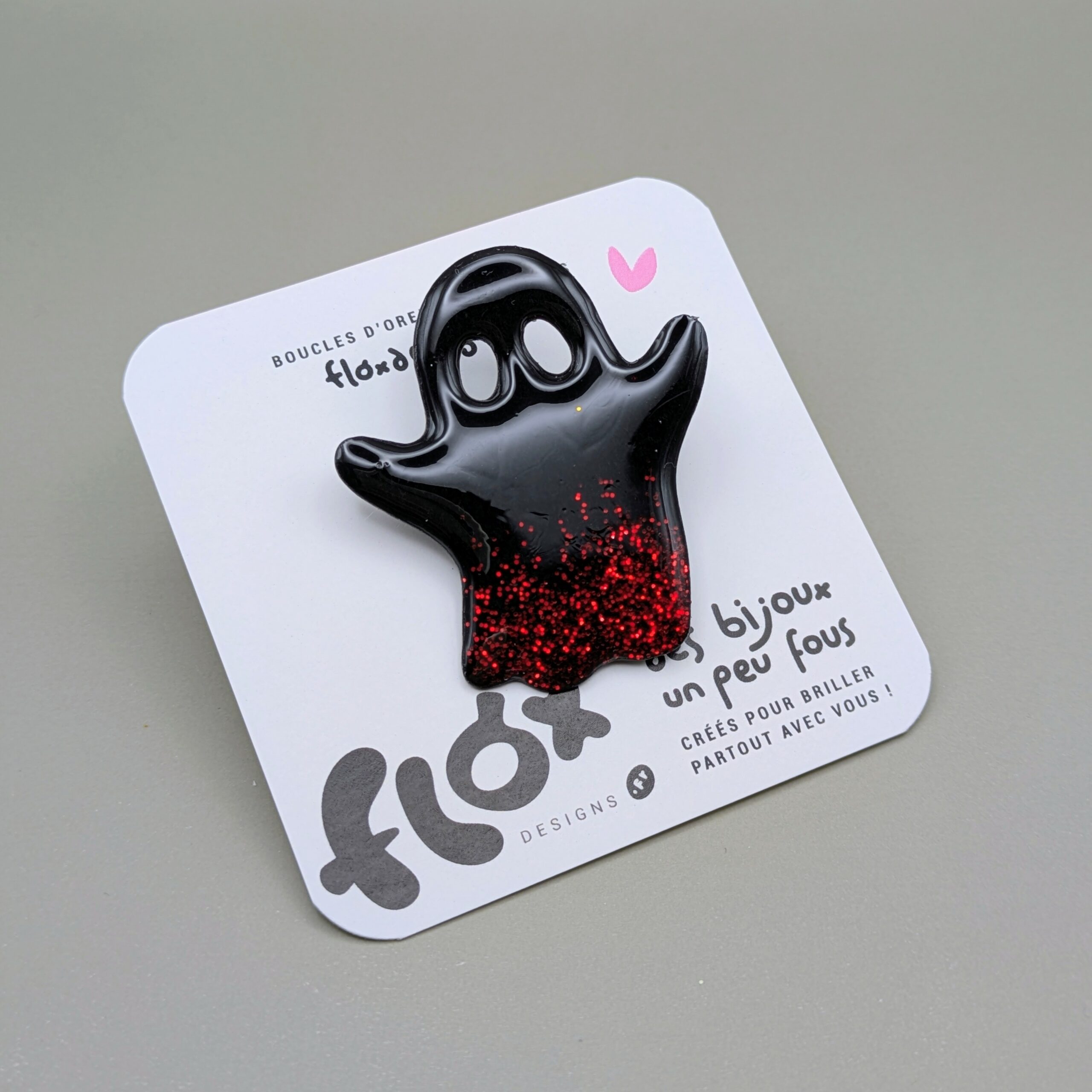 Floxdesigns - Broche Fantôme - Noir pailleté rouge